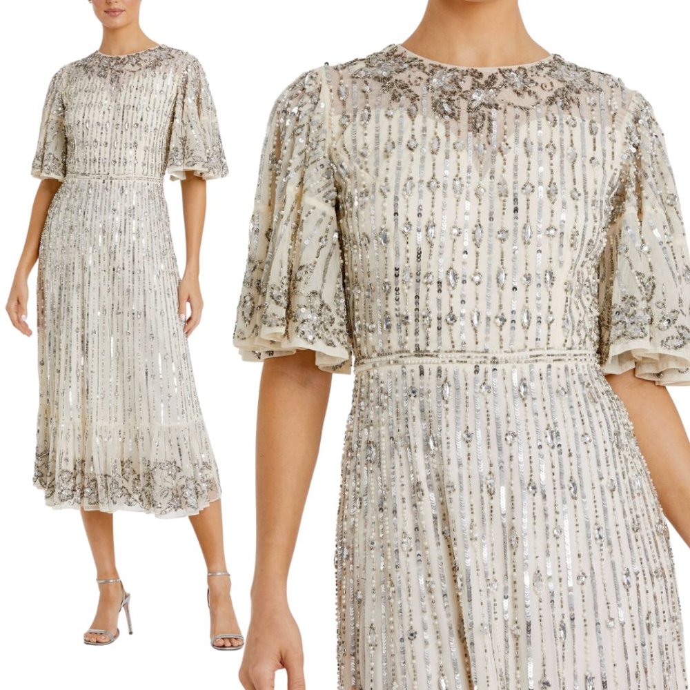 Mac Duggal 5579 Womens Size 20 White Silver Beaded Sleeve Midi Gown Formal Dress